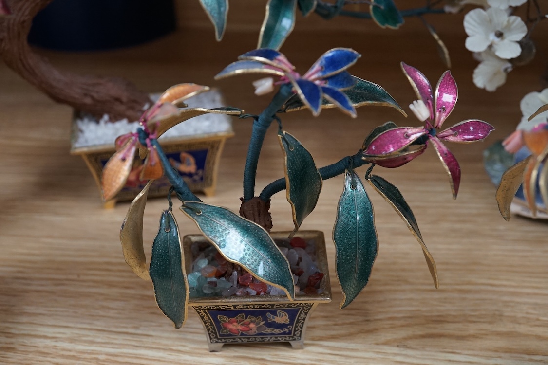 Five miniature Chinese enamel and coral bonsai trees and planters, largest 22cm high